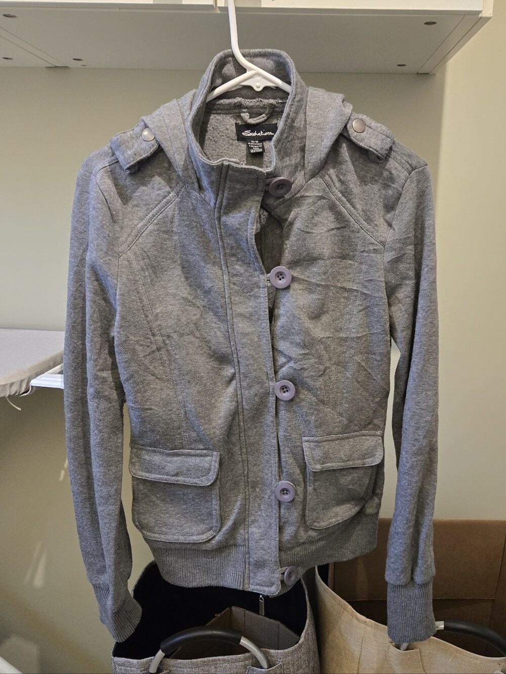 Seductions Womens Gray Hooded Button-Front Jacket